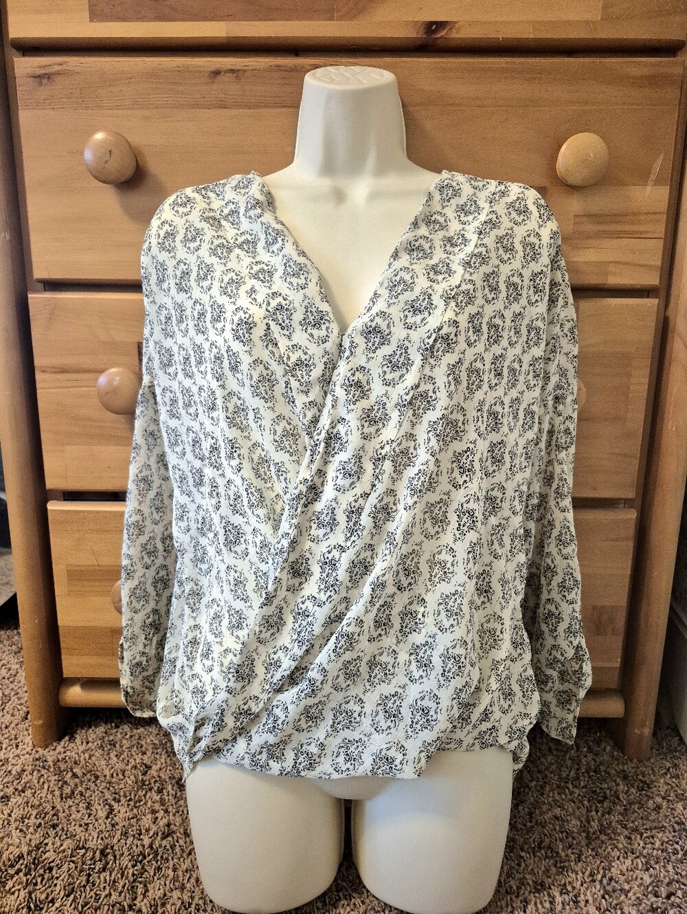 About A Girl Sheer Wrap Cream Blouse with Navy Floral Print Size M